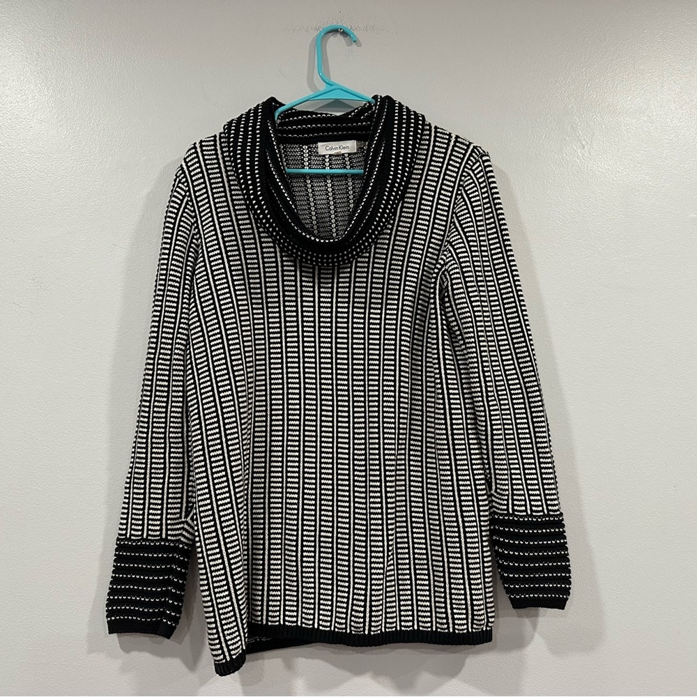 Calvin Klein Black White Textured Cowlneck Sweater Medium M